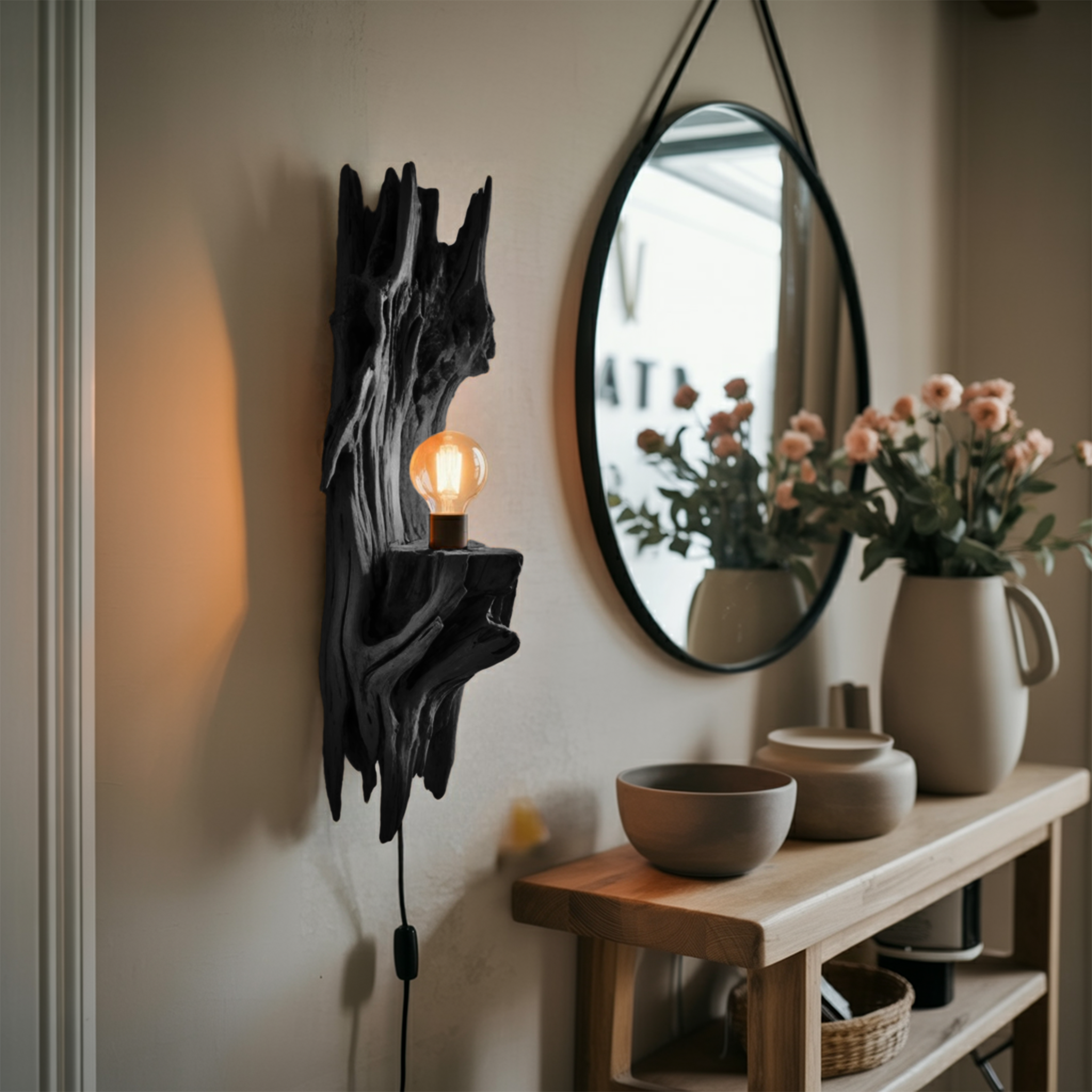 Rustic Driftwood Wall Lamp With Sculpted Form For Bedroom Or Living Room